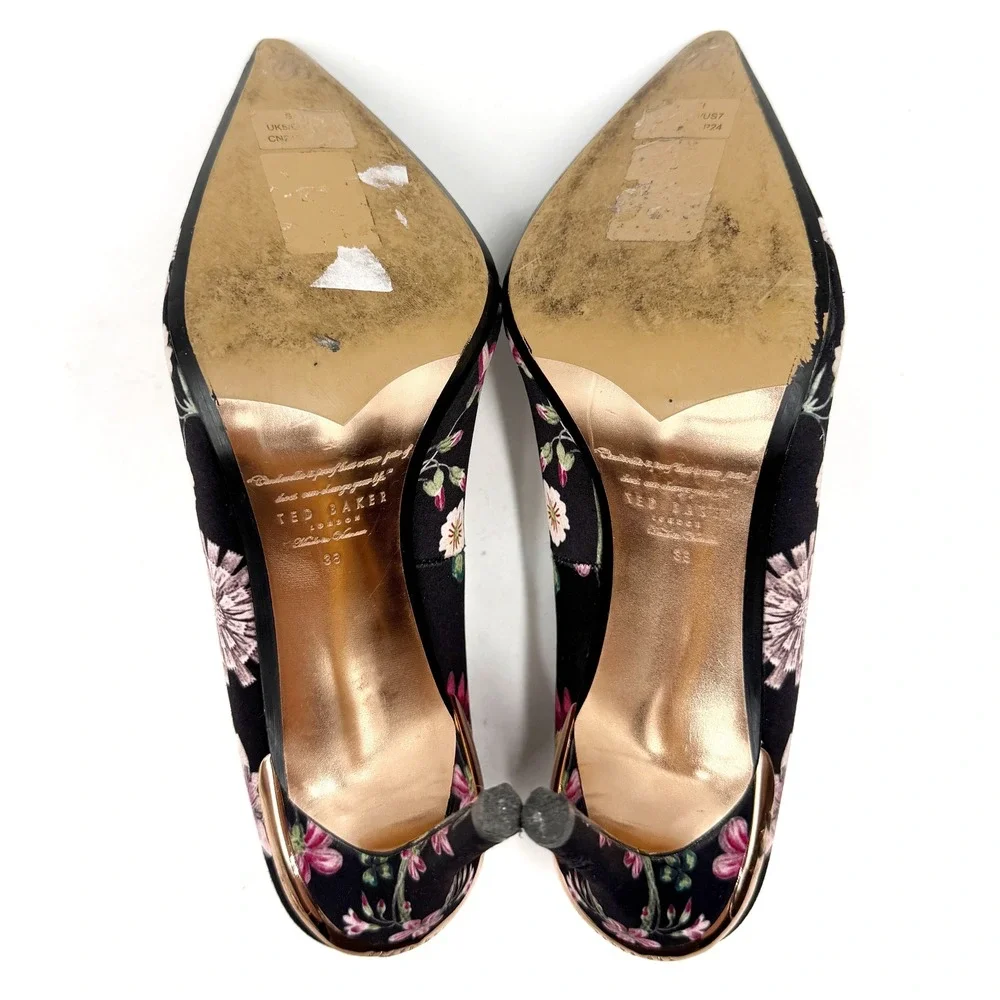 Ted Baker Neevo 3 Pumps Black Floral Pointed Toe Heels Womens 38 / 7.5 - Picture 7 of 8